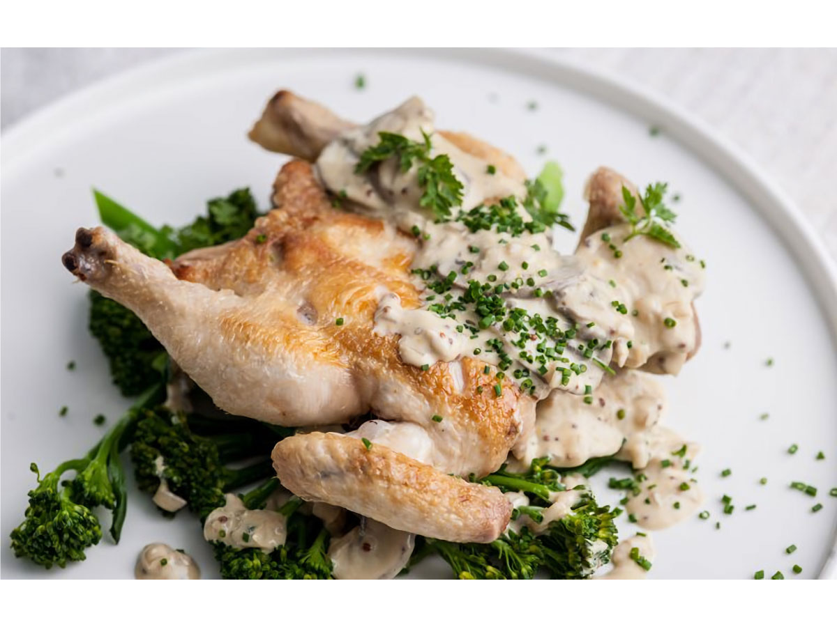 Poussin with mustard sauce and mushrooms
